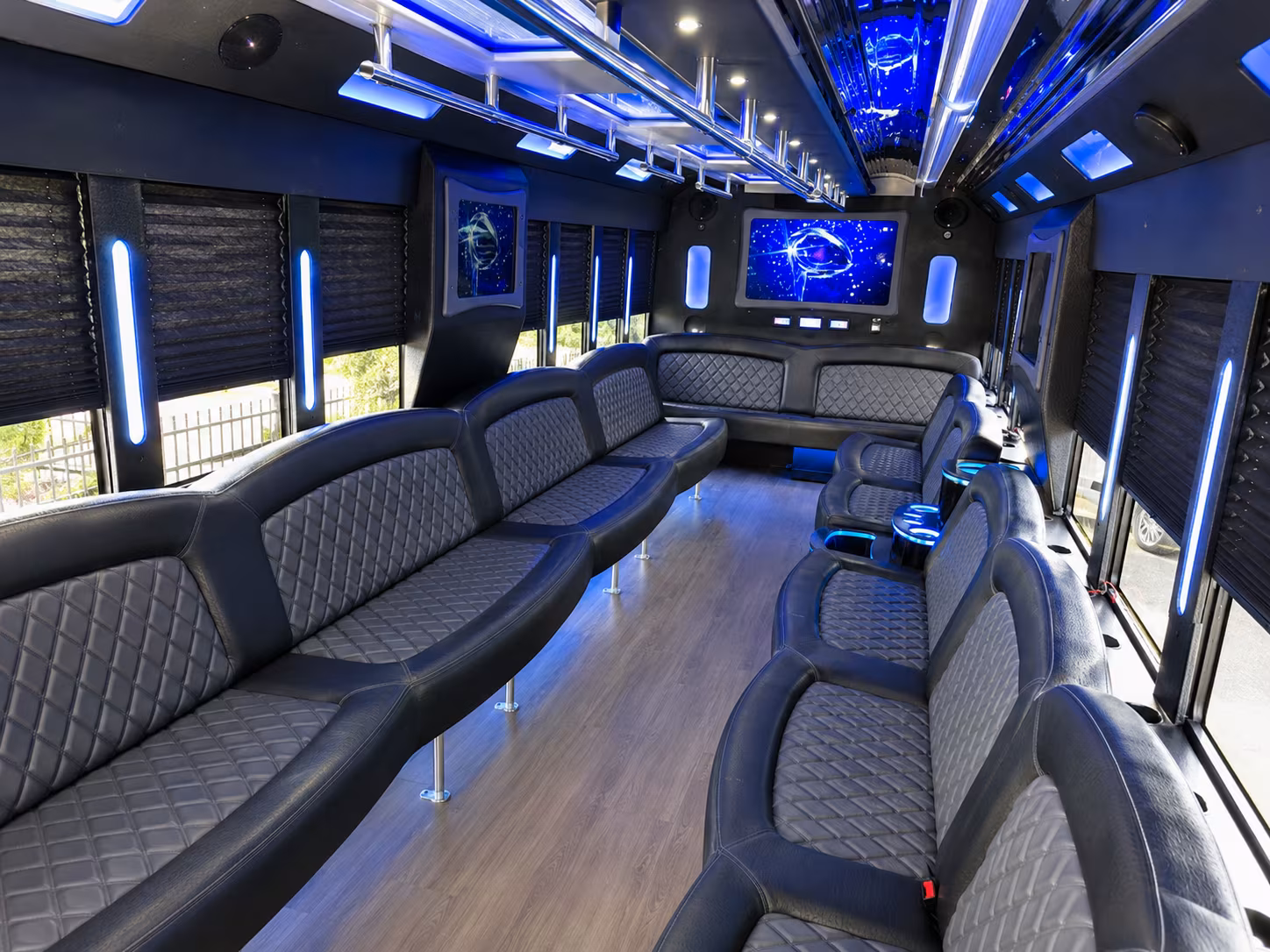Interior of a party bus rental serving Tampa